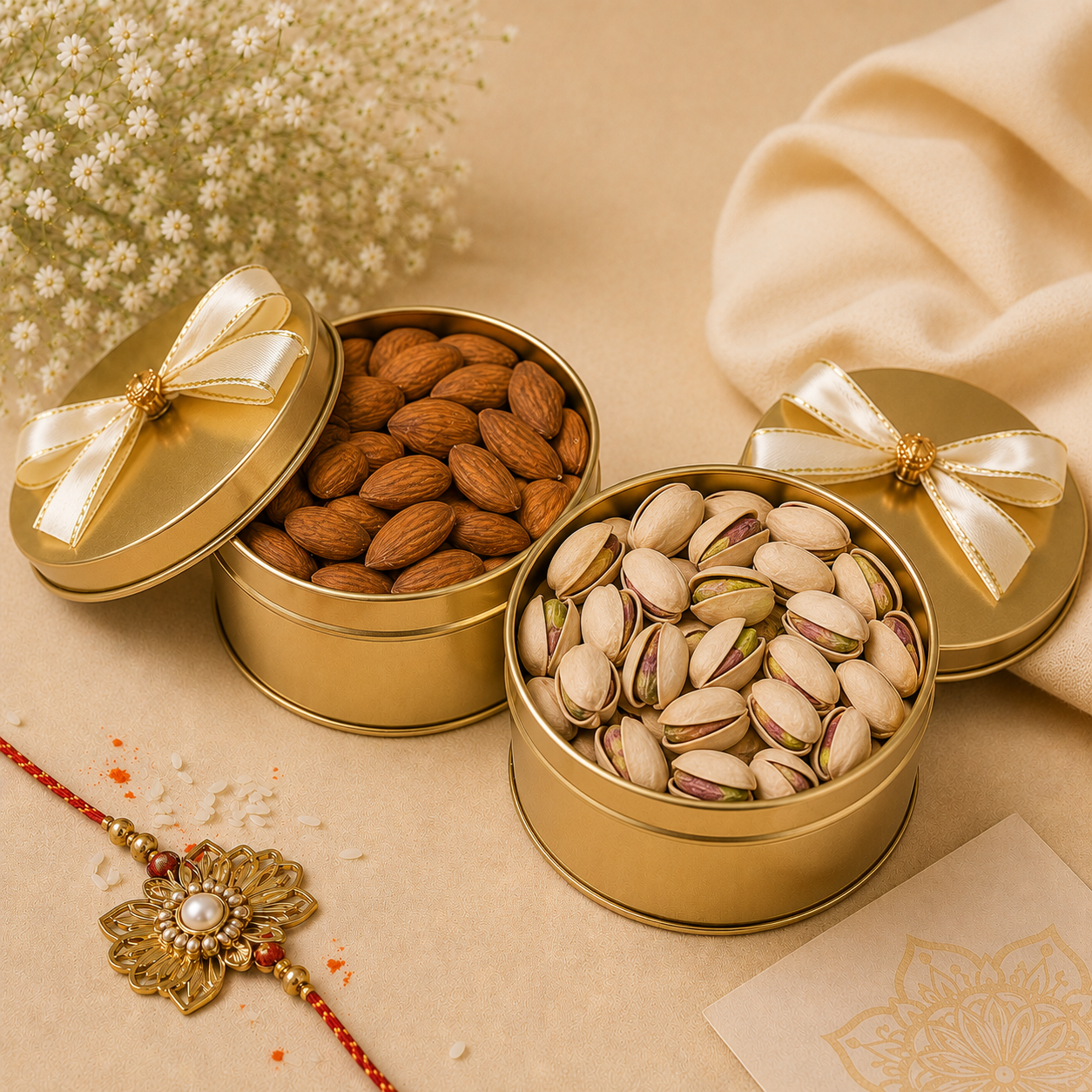 Dry Fruits Combo in Golden Metal Tin Box | 2 Dry Fruits of your choice| Premium Metal Round Boxes with Satin Ribbon