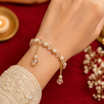Golden Crystal Bead Pearl Bhabhi Bracelet |Adjustable Gold Finish