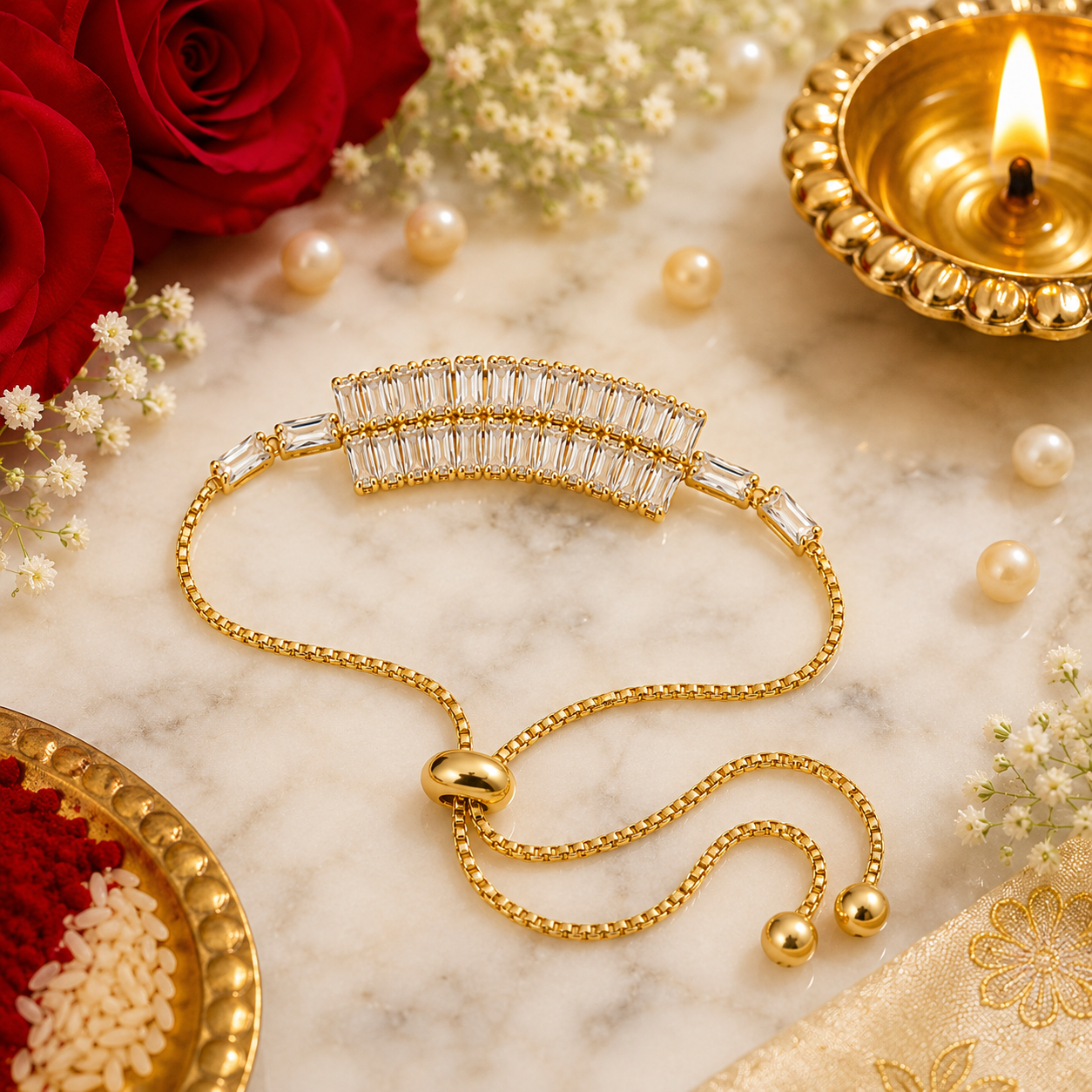 Imperial Double Row Baguette Bracelet | Elegant Adjustable Bracelet | Luxuru Bhabhi Bracelet