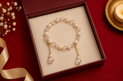 Golden Crystal Bead Pearl Bhabhi Bracelet |Adjustable Gold Finish