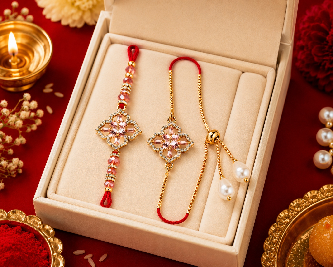 Floral Crystal |Bhai-Bhabhi Rakhi Combo