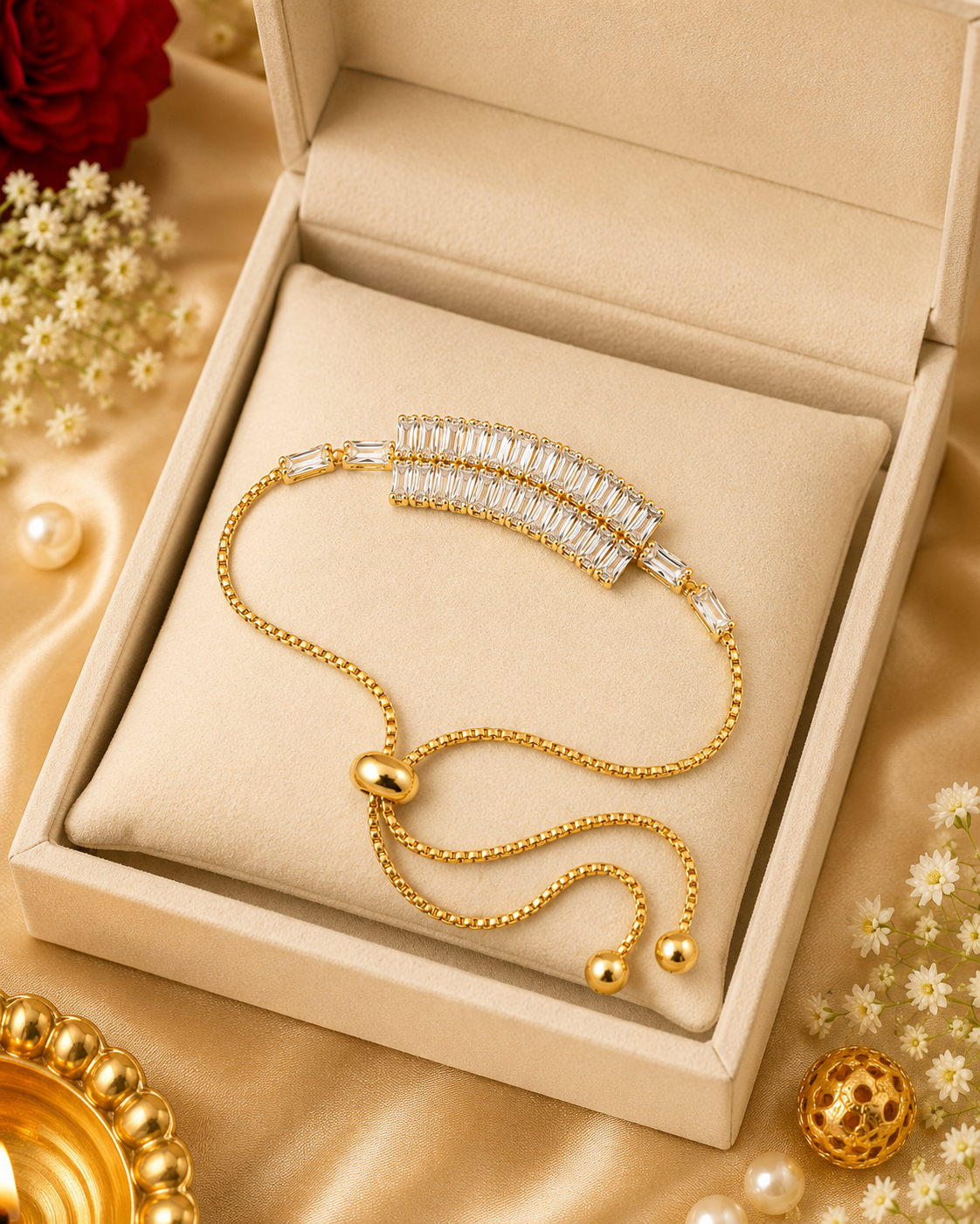 Imperial Double Row Baguette Bracelet | Elegant Adjustable Bracelet | Luxuru Bhabhi Bracelet