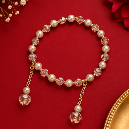 Golden Crystal Bead Pearl Bhabhi Bracelet |Adjustable Gold Finish