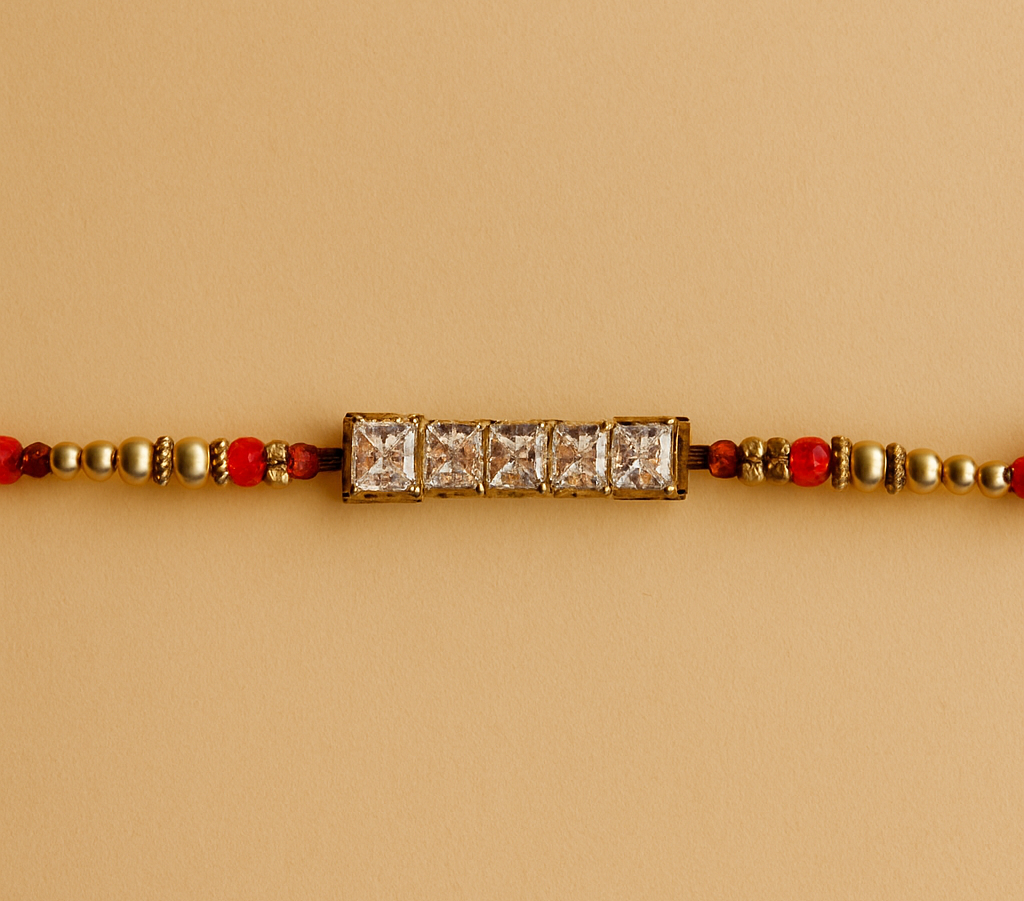 Elegant Crystal Square Rakhi with Beaded Detailing