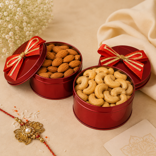 Dry Fruits Combo in Red Metal Tin Box | 2 Dry Fruits of your choice| Premium Metal Round Boxes with Satin Ribbon