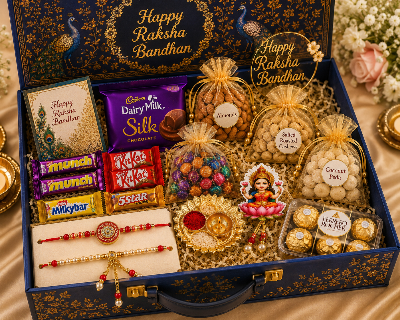 Bhai Bhabhi Premium Peacock Hamper with 2 Rakhi